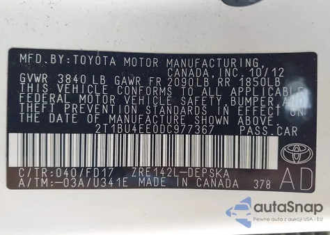 2013 Toyota Corolla S z USA, uszkodzony, nr VIN 2T1BU4EE0DC977367
